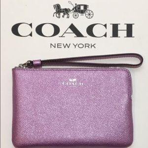 COACH Leather LILAC Metallic Corner Zip Wristlet